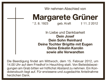 Traueranzeige von Margarete Grüner von Pegnitz-Zeitung